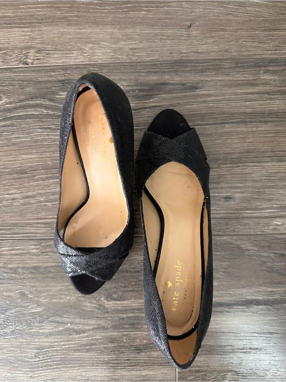 kate spade Black Sparkle Peep-Toe Heels